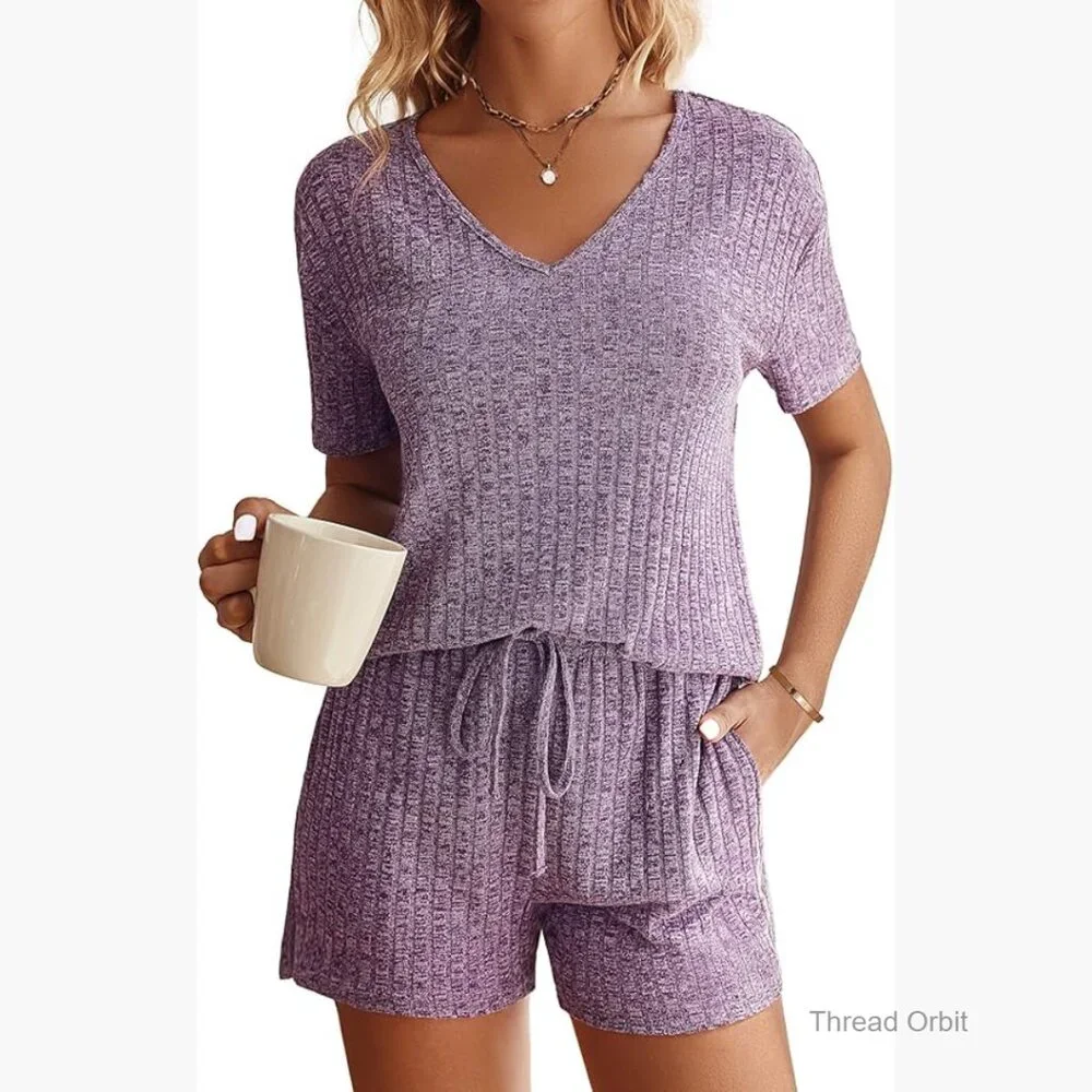 Large Ribbed Knit Lounge Set Short Sleeve V-Neck Top and Drawstring Shorts